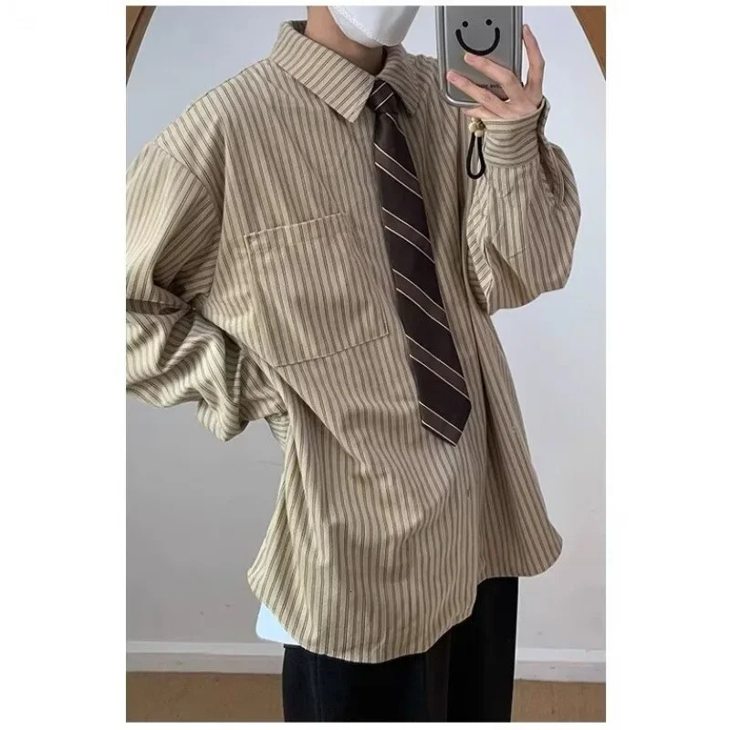 Loose Long Sleeve Striped Shirt Men Women Spring Autumn Casual Style Vintage Japanese Theme College Hong Kong Style Outerwear 250527
