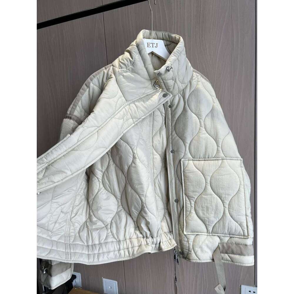 Quilted coat ETJ traf QUILTED JACKET WITH TIES new beige drawstring high neck pocket clip cotton jacket for women