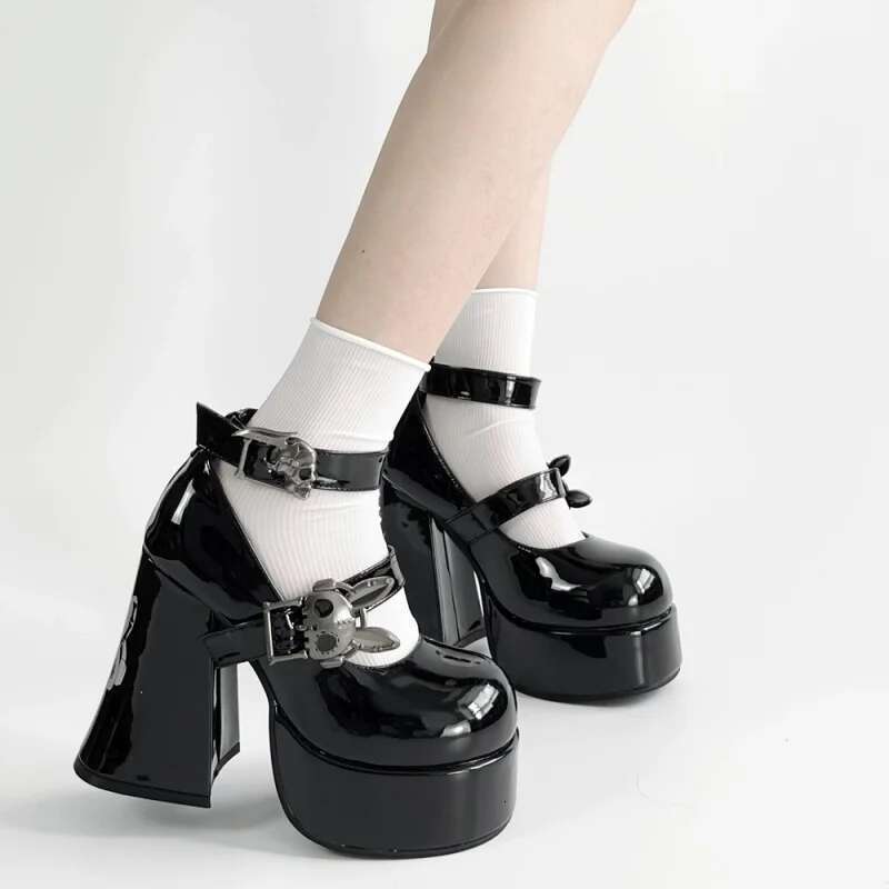 Mary Janes Lolita Metal Decoration Round Toe Thick Sole Platform Chunky Heels Women Pumps Buckle Strap Fashion Punk Sexy Shoes