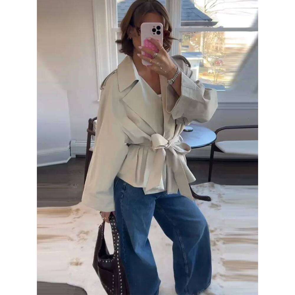 2025 Spring Windbreak Coat Women Chic Lace Up Lapel Full Sleeves Pocket Cropped Jacket Lady Casual Drop Shoulder Commute Outwear