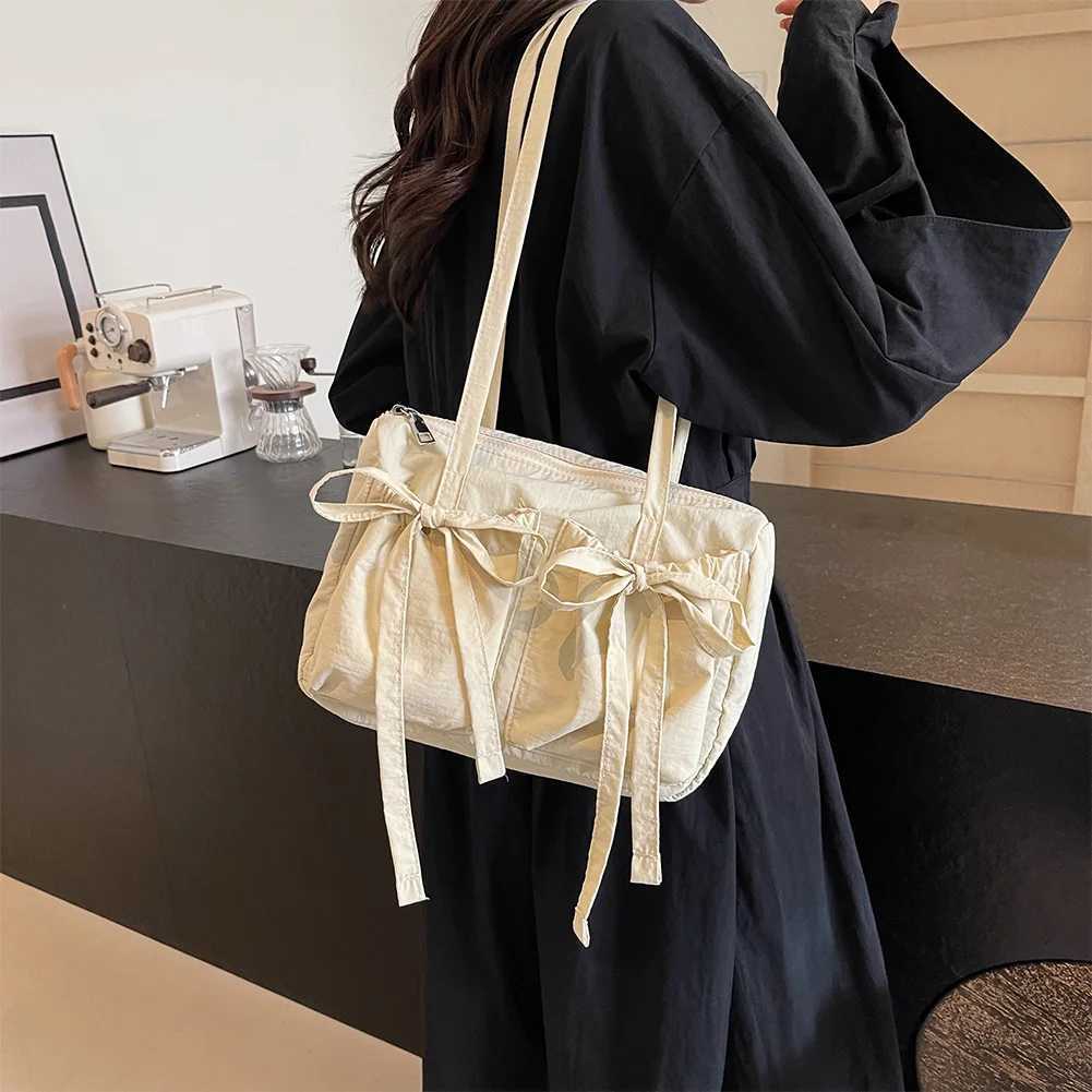 Women Plain Drawstring with Bow Canvas Cute Shoulder Bag Zipper Large Tote Handbag Large Capacity Solid Underarm Bag Y250528