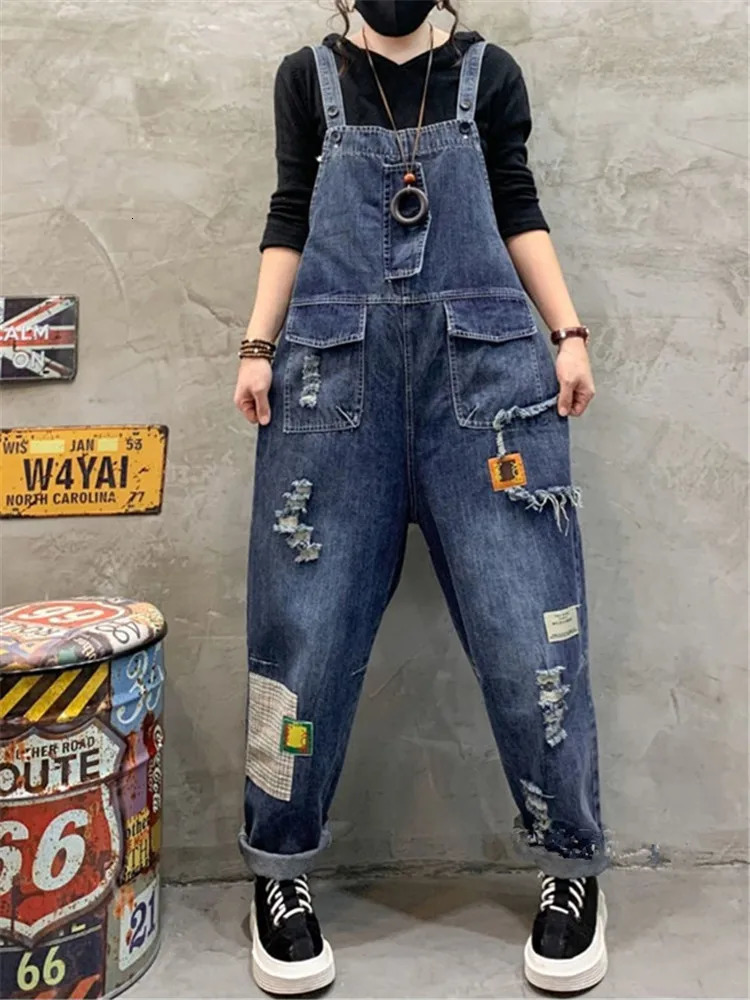 Women Clothes Spring summer Fashion Denim Jumpsuit Vintage Hole Trendy Trousers Wide Leg Dungarees Straps Baggy Suspender Jeans 250523