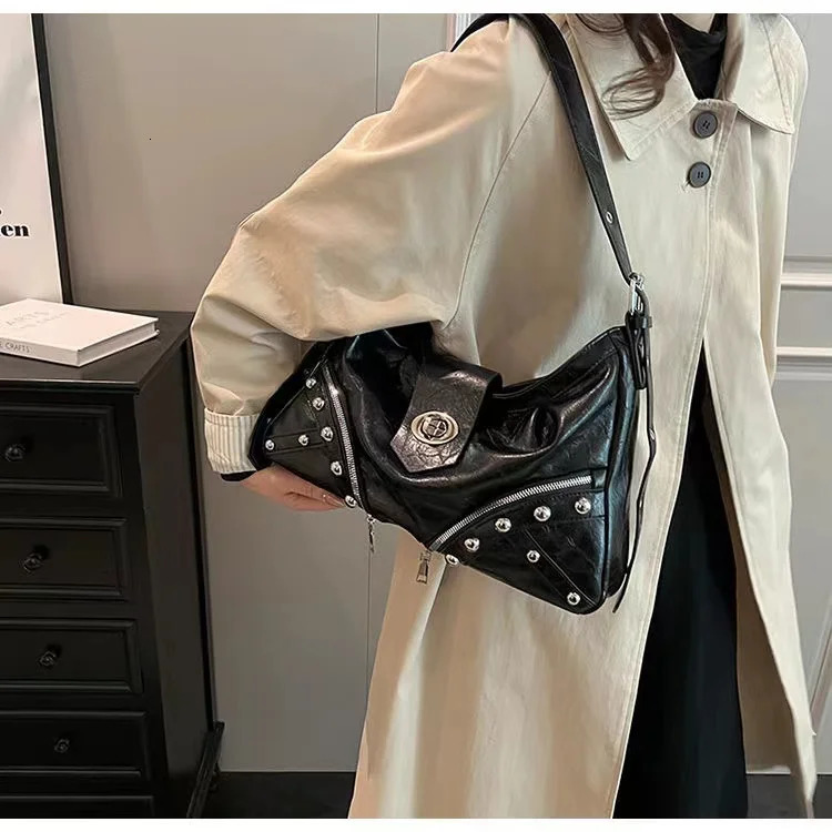 Y2K Vintage Gothic Cool Shoulder Underarm Tote Bag Ladies Sling Bags Leather Rock Girls Zip Purses Casual Bagutte Women Handbags 250526
