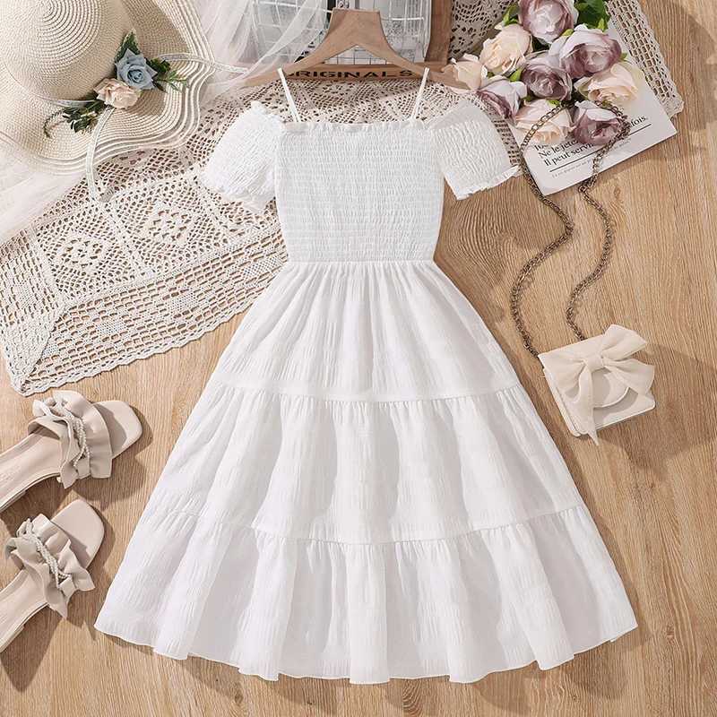 Kids White Dress Summer Off-the Shoulder Shirred-Bodice A-line Dress Birthday Party Communion Wedding Dress Tween Girls Dress X250528