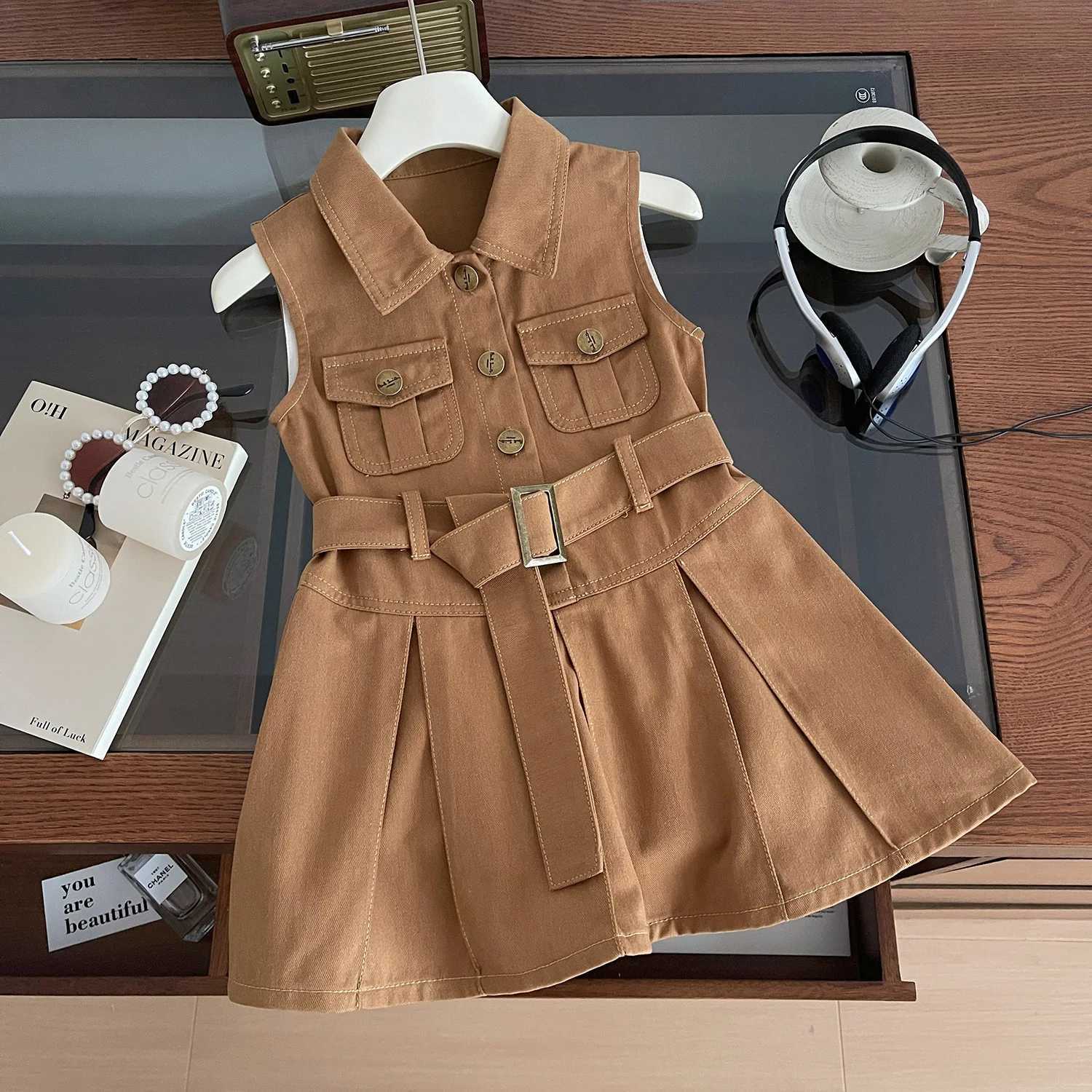 2025 Summer New Girls Denim Dress Belt Decoration Lapel Collar Sleeveless Tutu Princess Dress For 2 -10 Years Kids Fashion Dress X250528