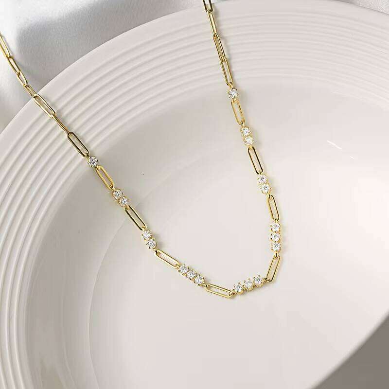 Fashion Jewelry INS Stacking Style 3MM Round Moissanite Paper Clip Collarbone Chain S Sier Gold Plated Women Necklace