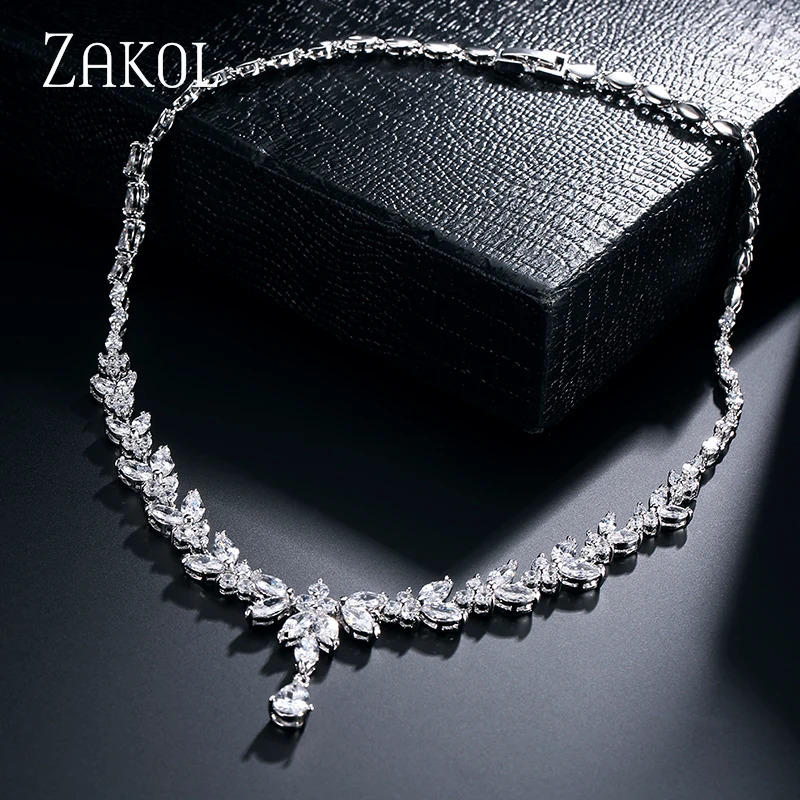 ZAKOL Brilliant Zirconia Leaf Necklace Earrings Rings Bracelets Set for Women CZ Drop Bridal Wedding Jewelry Sets 250527