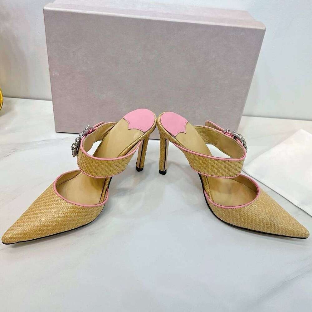 Top Version 2025 New Dia Buckle Rafi Grass Braided Pointed-Toe Slim High Heel Half Slippers Mules Shoes Bota Feminina