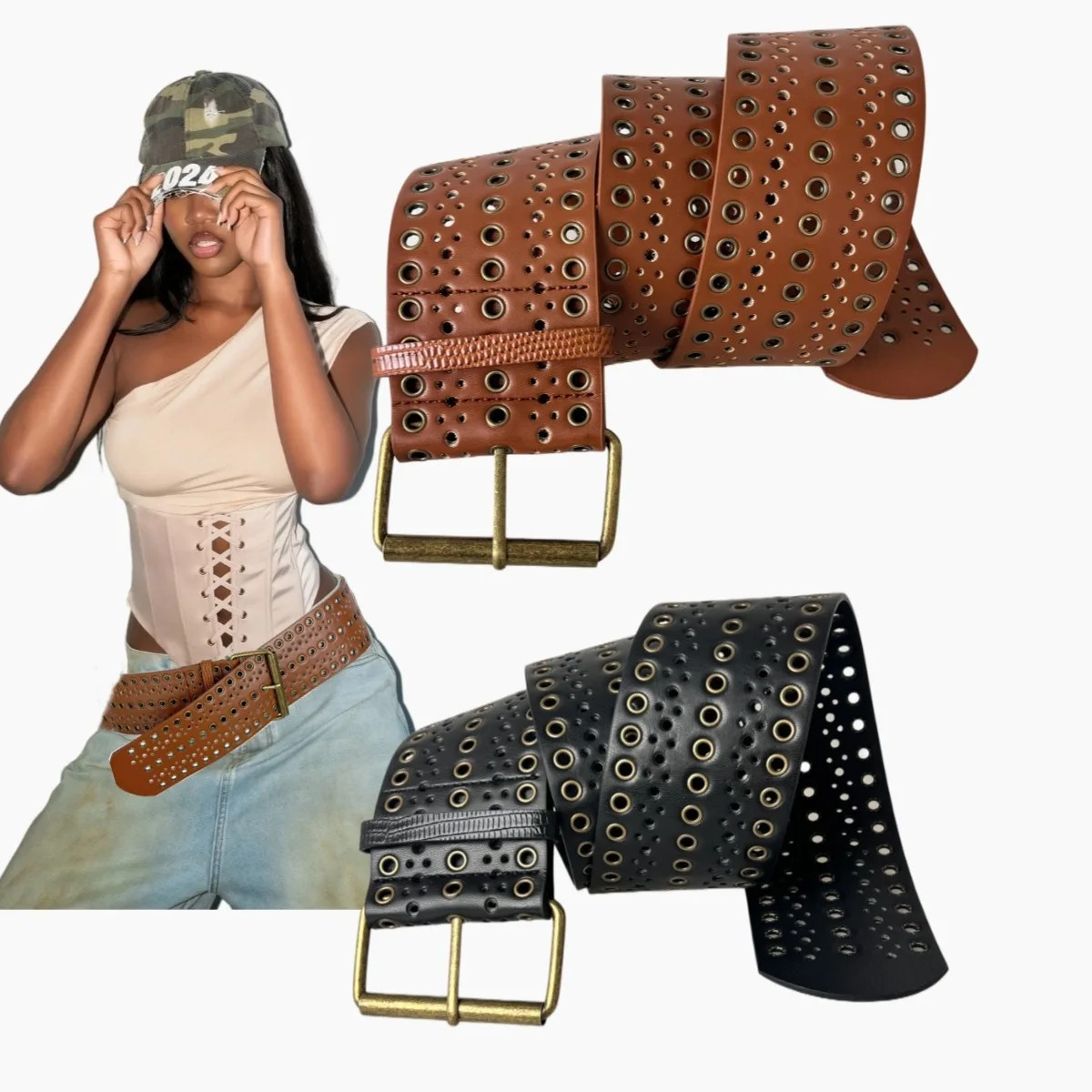 Rivet Gas Eye Hollow Wide Belt Punk Style European and American Spice Girls Heavy Industry Hip Hop Gas Eye Wide Belt 250520