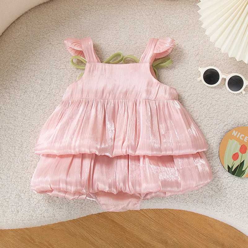 2025 Summer New Baby Girls Clothes Tulip Decorated Cake-Layered Soft Shiny Fabric Romper Onesie Crawler X250528