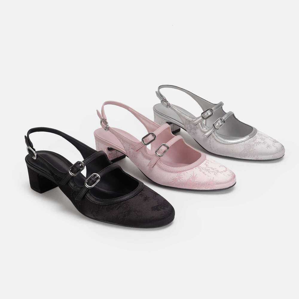 French Style Niche Chunky Sandals for Women 2024 Spring New Mid Heel Open Back Embroidered Double Strap Mary Jane Shoes