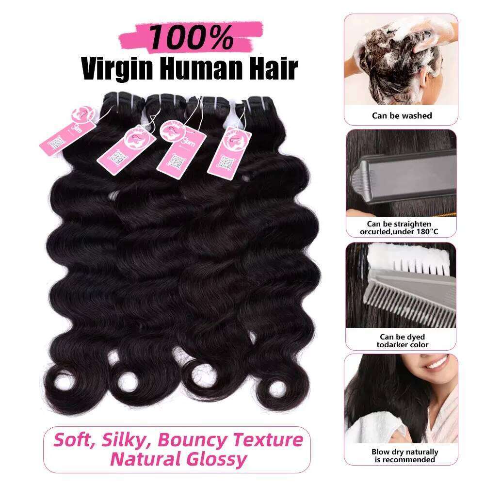 15A Body Wave Brazilian Virgin 1/3/4 Pcs Weave Natural Black Color Extensions 100% Human Hair Bundles