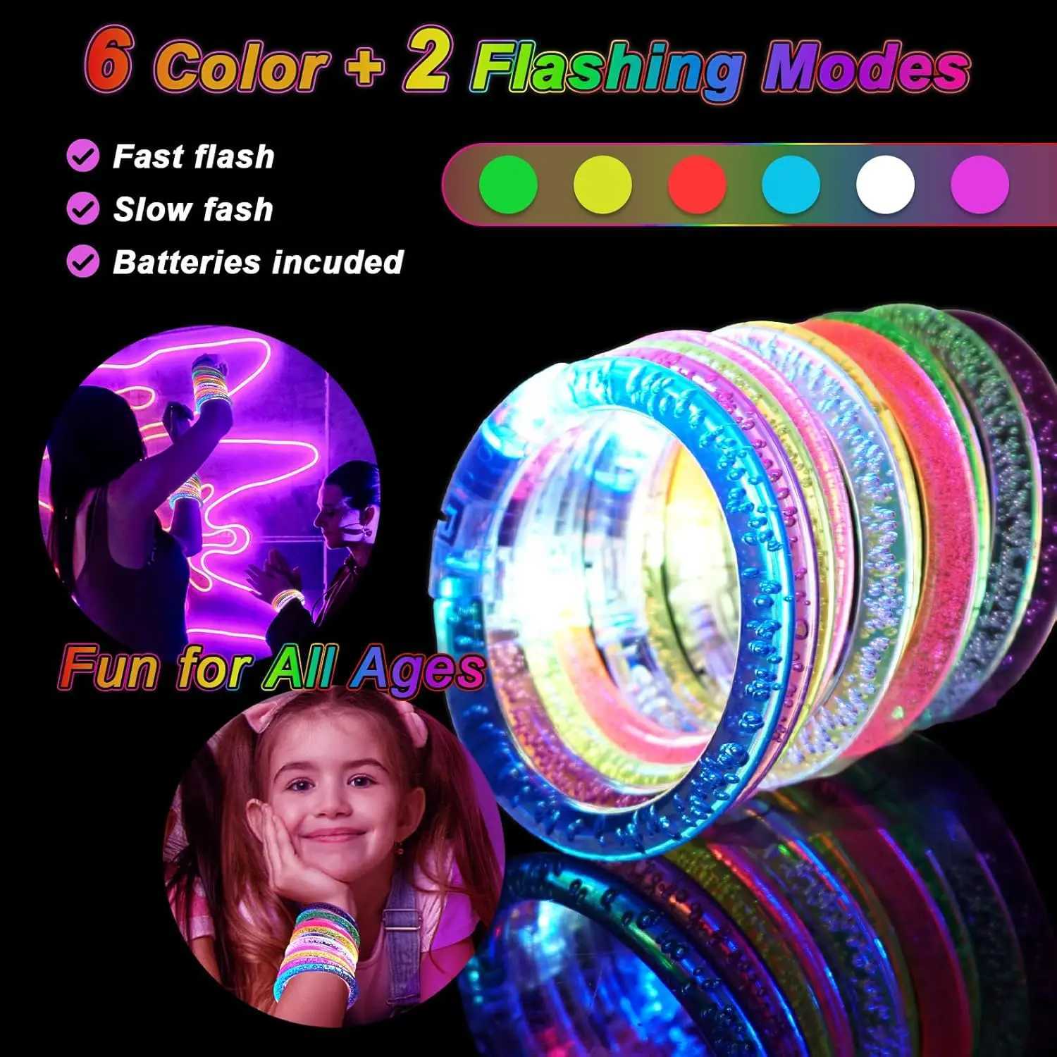 90PCS LED Glow Bracelets 6 Colors Light Up Party Favors for Kids Adults Concert Birthday Carnival Rave W250528