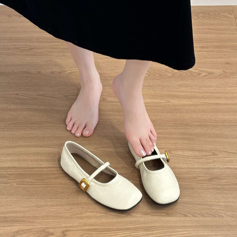 Sheepskin Version ~ Genuine Leather Flat Square Toe Shallow Mouth Mary Jane for Women 2024 New Style One-Strap Versatile Commuter Single Shoes