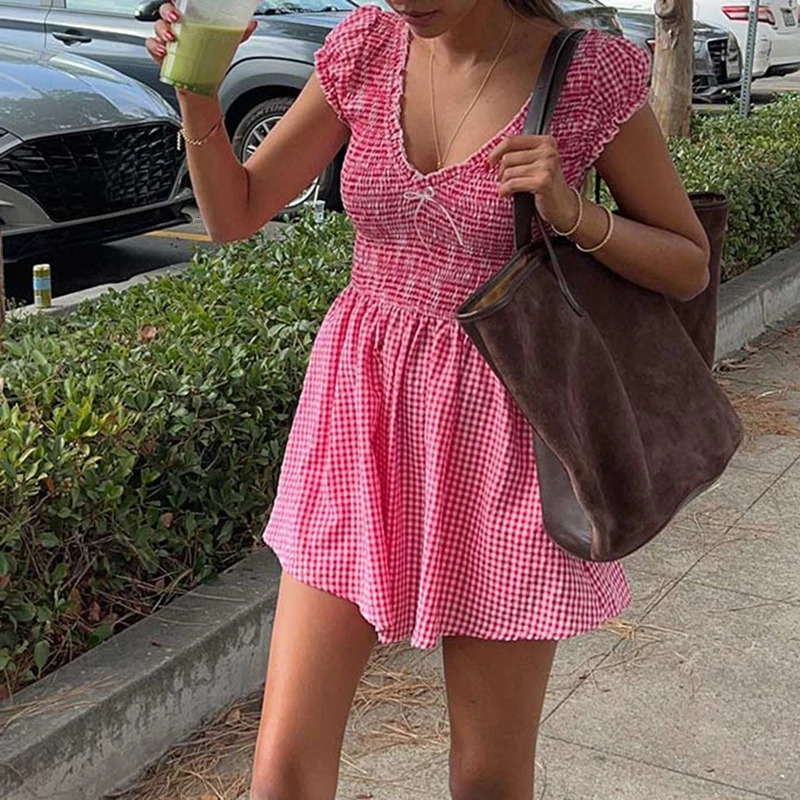 Women Y2k Gingham Playsuit Fairy V Neck Short Sleeve Shirred Smocked Romper Dress Vintage Plaid Wide Leg Shorts Jumpsuit Overall 250527