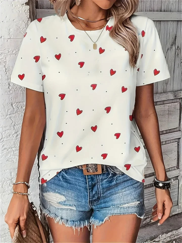 Plus size womens round neck love printed shortsleeved Tshirt simple and versatile knitted sweater pullover top 250519