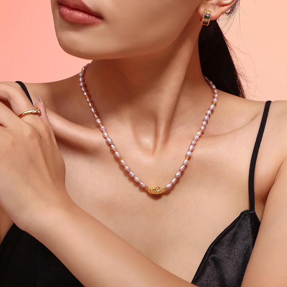 Elegant Purple Freshwater Pearl Necklace for Women Copper Beaded Clavicle Chain Jewelry Gift Wholesale 250520