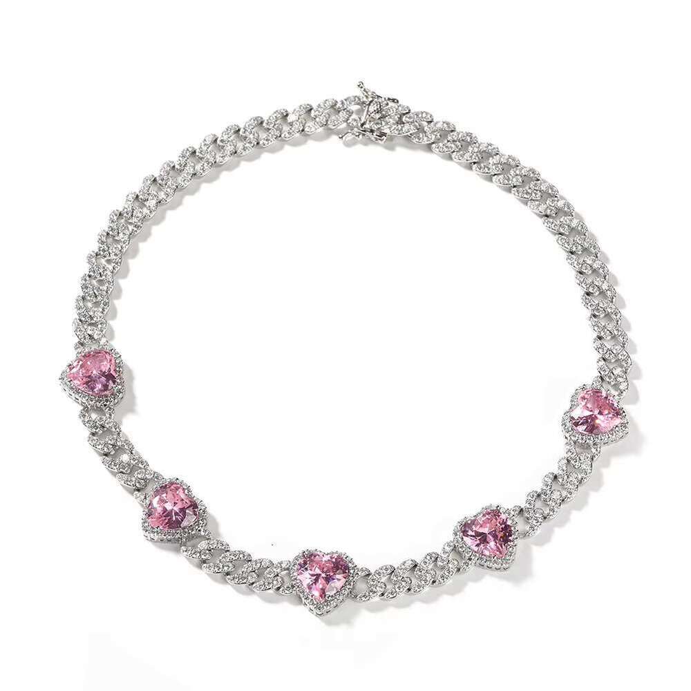 DHCollections Heart Pink Stone Cuban Chain Necklace and Bracelet Set Gold Iced Out HipHop Jewelry for Women