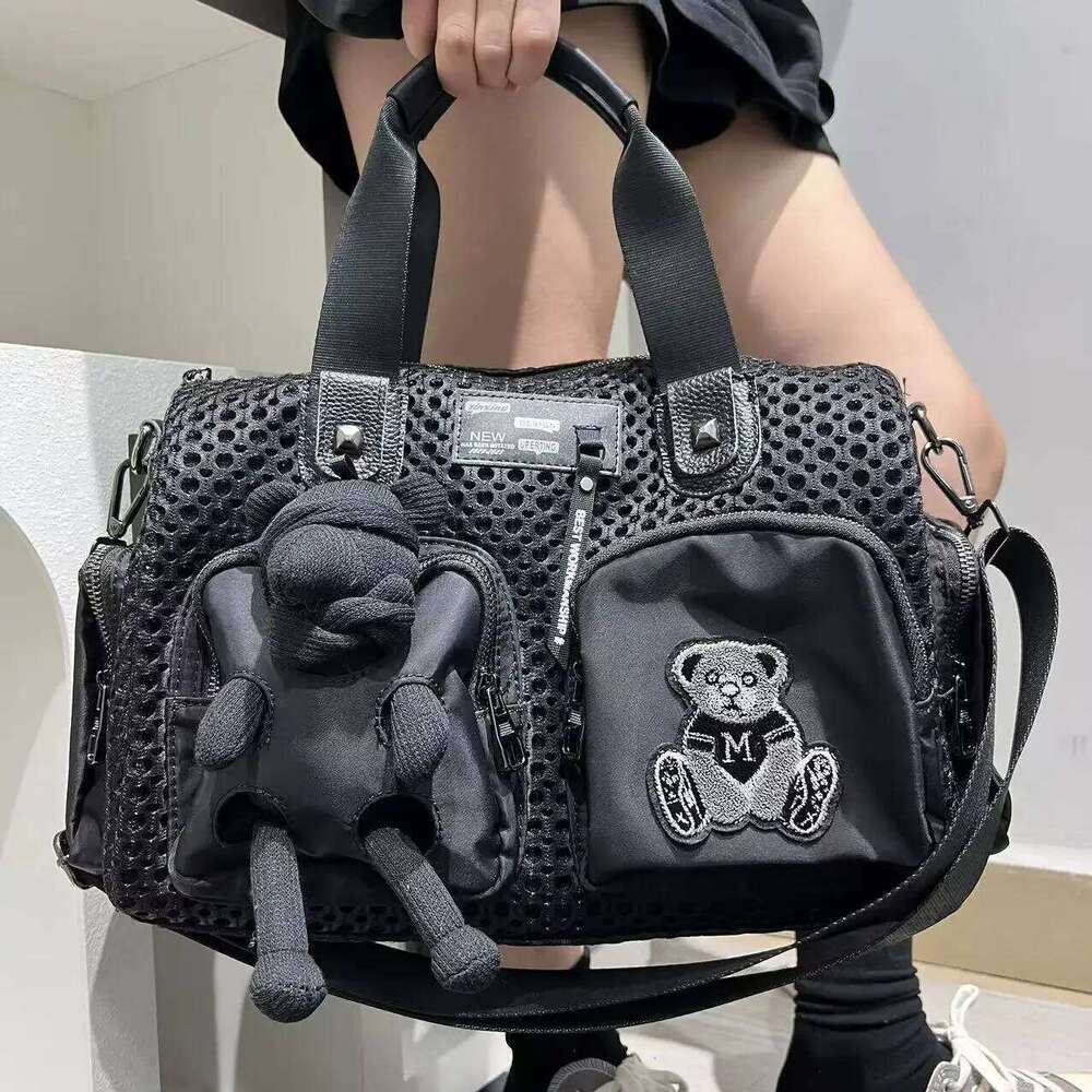 Ladies' Fashionable Mesh Splicing Casual Handbag With Multiple Pockets, Teddy Bear Doll, Single Shoulder Diagonal Cross Bag