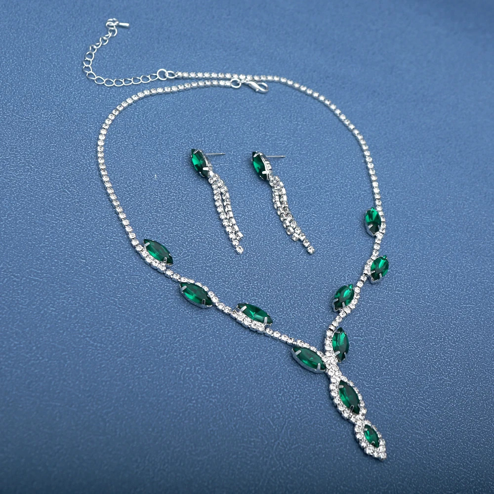 3pcs Elegant Green Crystal Jewelry Sets for Women Crystal Rhinestones Necklace Earrings Bridal Wedding Party Jewelry Sets 250526