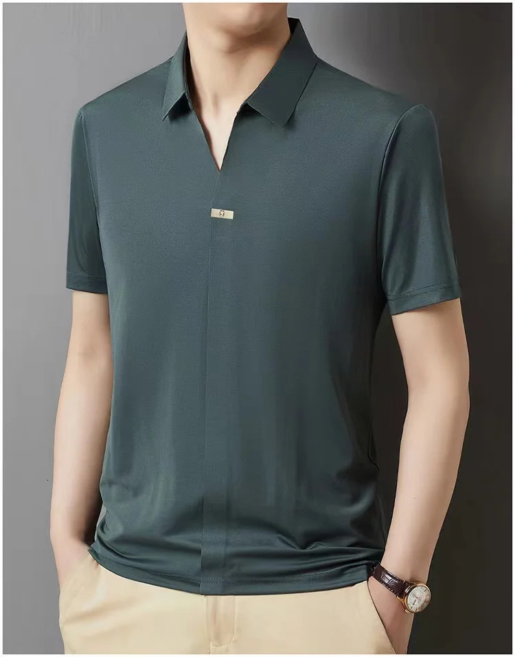 Light fashionable mens shirt with no zipper polo shirt summer ice silk comfortable casual solid color mens shirt 250526