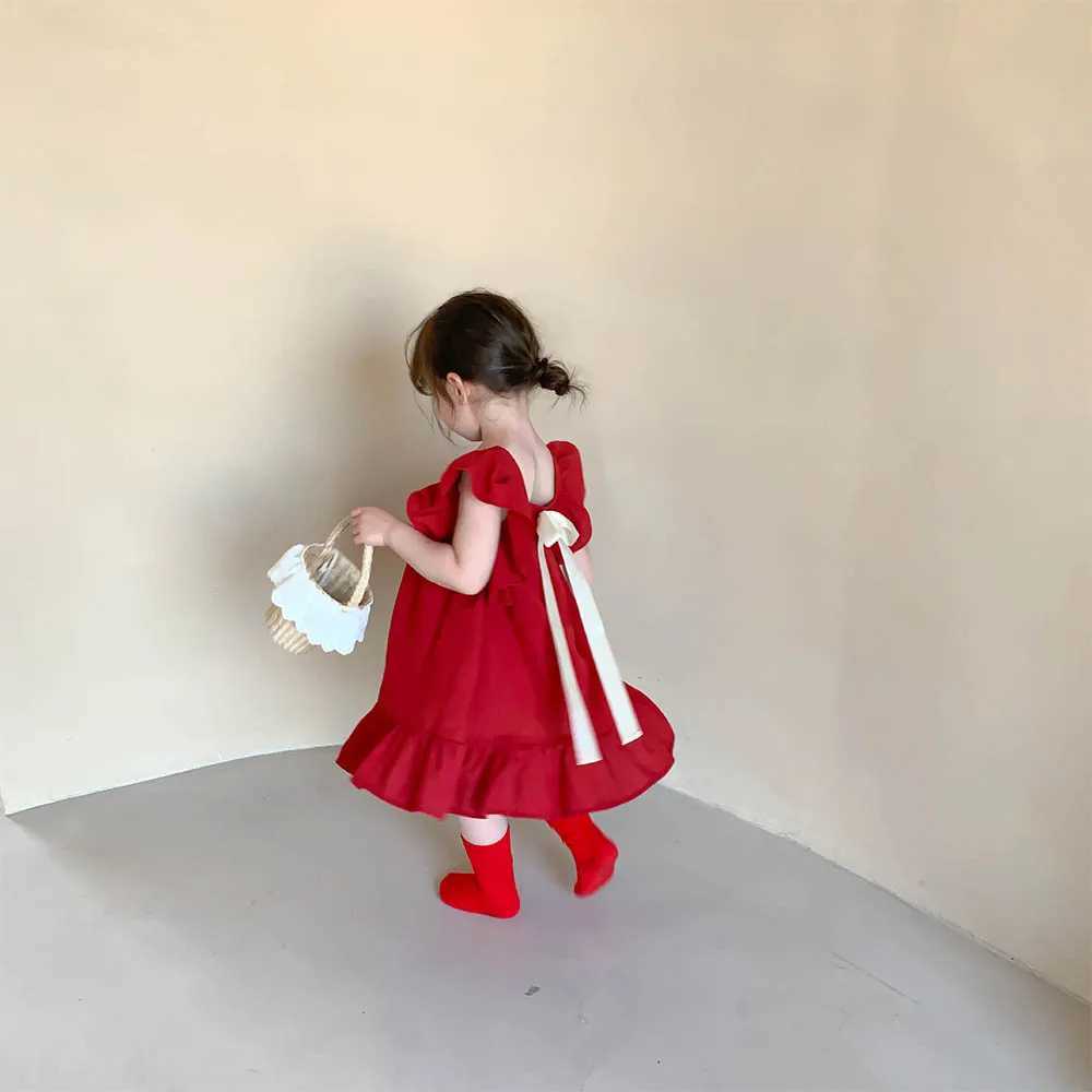 Bear Leader Summer Girls Dresses Flying Sleeve Dress Casual Ruffled Dresses Solid Back Bowknot A Line Baby Dresses Kids Clothes X250528
