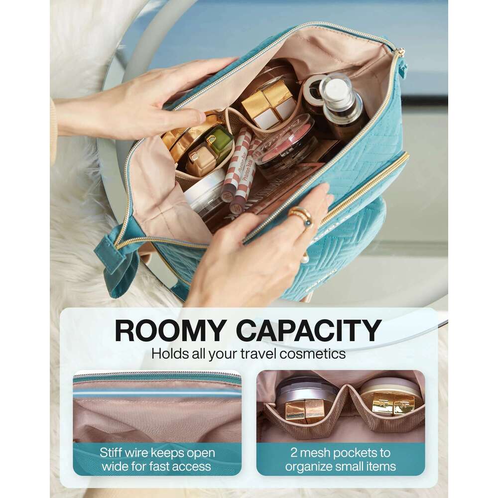 BAGSMART Travel Double Layer Makeup Organizer Bag with Adjustable Dividers Water-resistant Leather Cosmetic Case