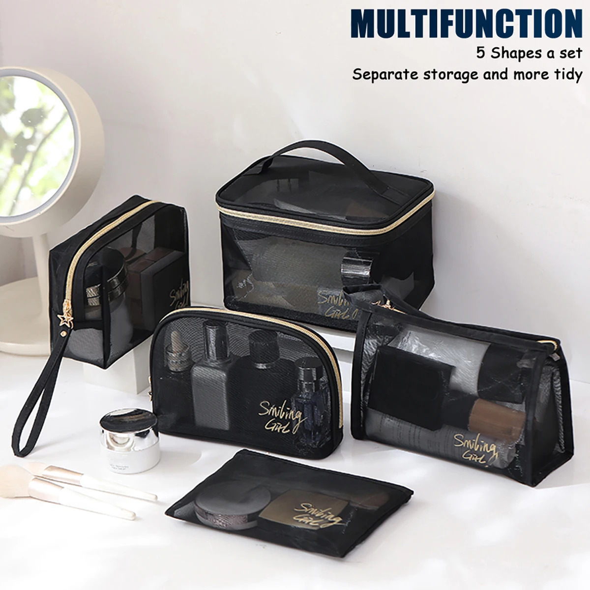 5pcs/Set Mesh Makeup Bags Black Heart Portable Cosmetic Pouches Washbag 250527