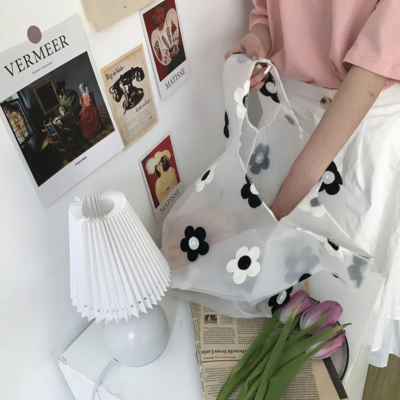 Women Transparent Tote Double Organza Yarn Cloth Bag Embroidery Flowers Handbag High Quality Eco Shopping Bag Purses For Girls 250523