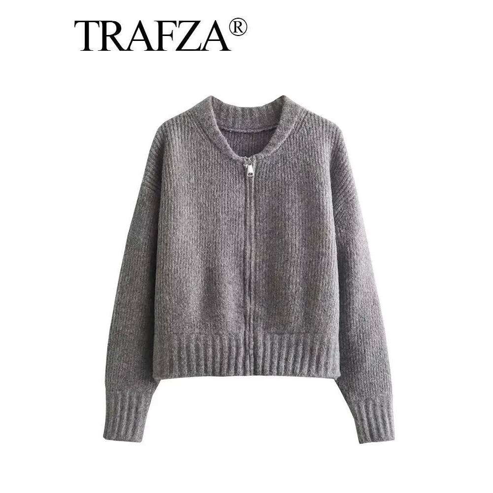 TRAFZA Women Vintage Solid Color Coat Long Sleeve Round Neck Jacket Spring Female Casual Zipper Sweater Coats
