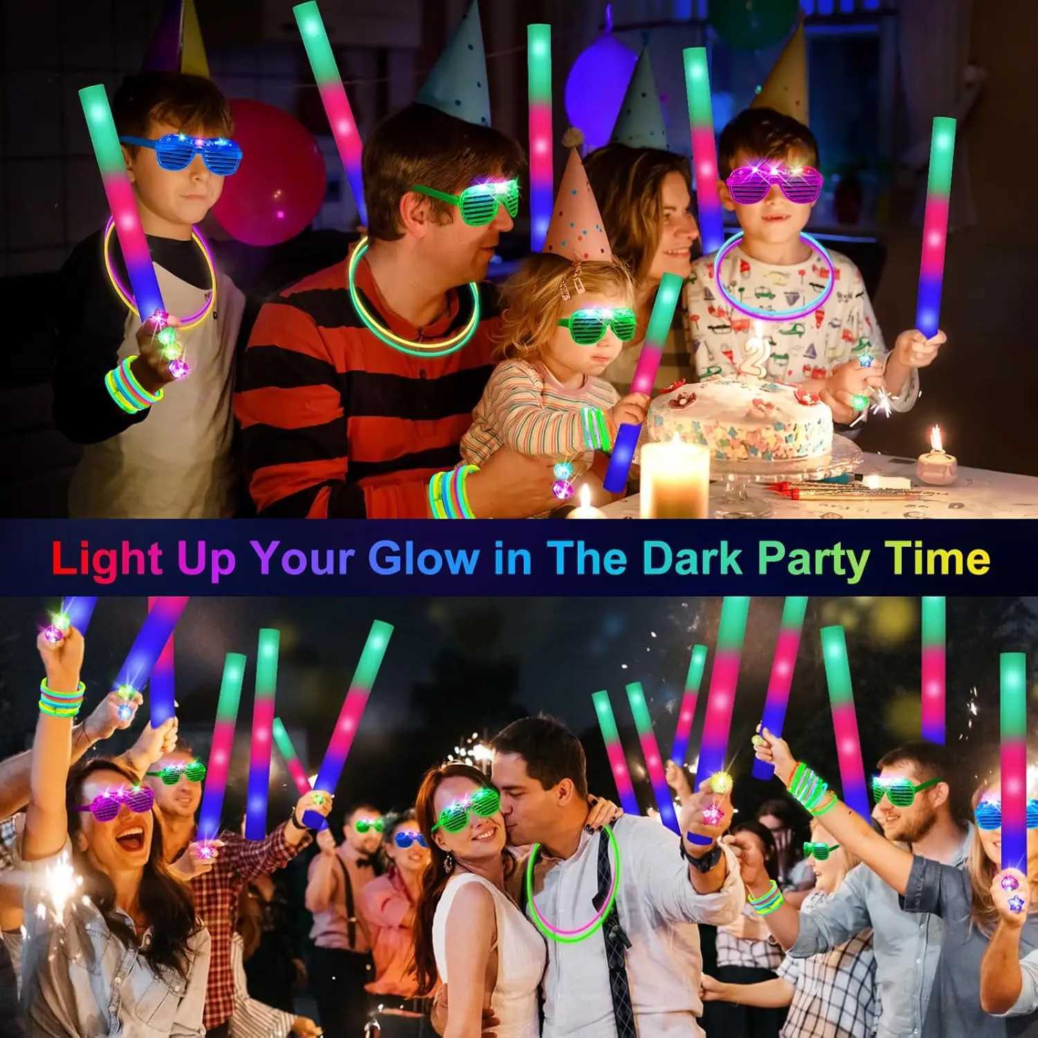 150 Pcs Neon Party Supplies 16 Foam Sticks 16 LED Glasses 100 Glow Sticks 18 Finger Lights for Birthdays Weddings Concerts W250528