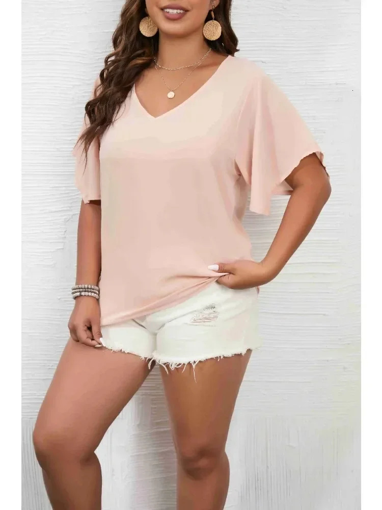 Plus Size 1XL5XL Womens Solid Color Short Sleeve Blouse V Neck Bell Casual Pullovers Shirt Top 250519