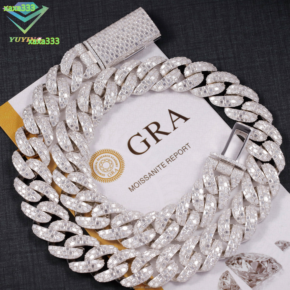 Luxury Full iced out Baguette Moissanite Cuban Chain For Man 20mm 23mm S925 Silver VVS Baguette Moissanite Cuban Link Chain