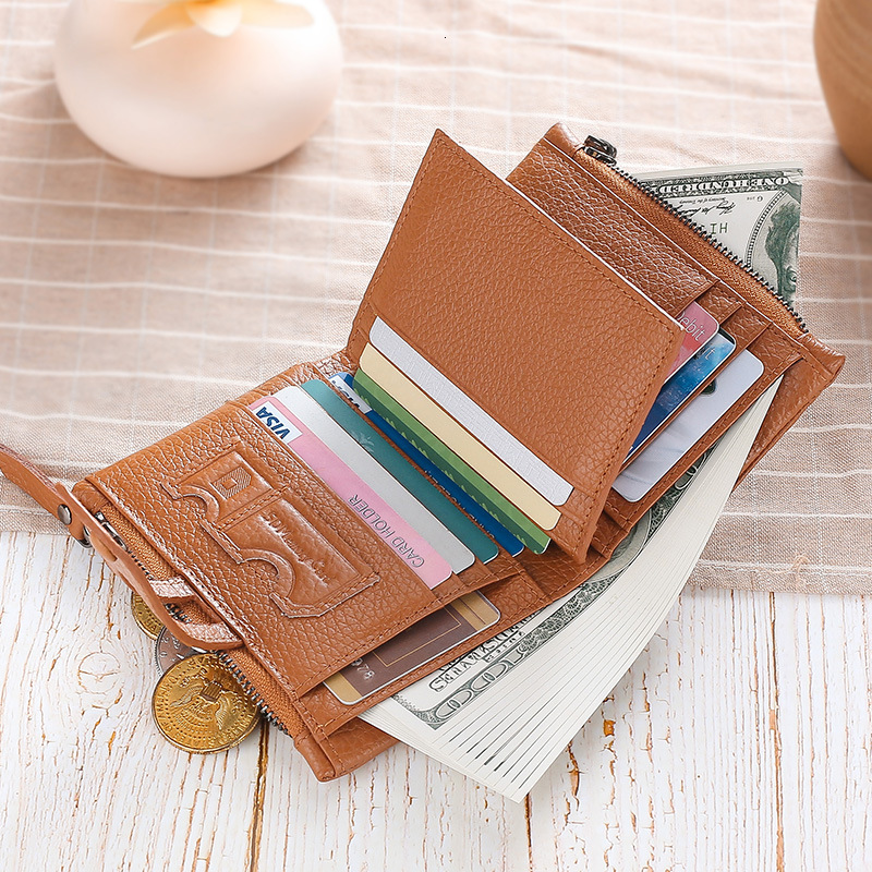 Free Shipping Popular Women's Short Soft Leather Designer Wallet Top Layer Cowhide Anti-theft Brush Double Zipper Card Bag ID Bag Coin Bag