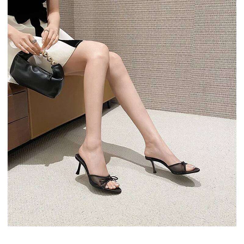 Women Heels Fashion Heel Slippers Lace Mesh Bow Sandals Zapatos De Mujer