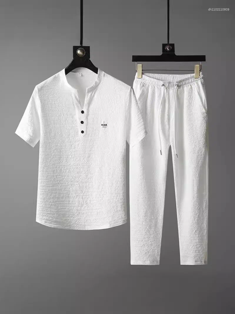 Men's Tracksuits Thin Casual Sports Suit For Men In Summer Chinese Style High-end V-neck Embroidered Slim Short-sleeved Two-piece Set