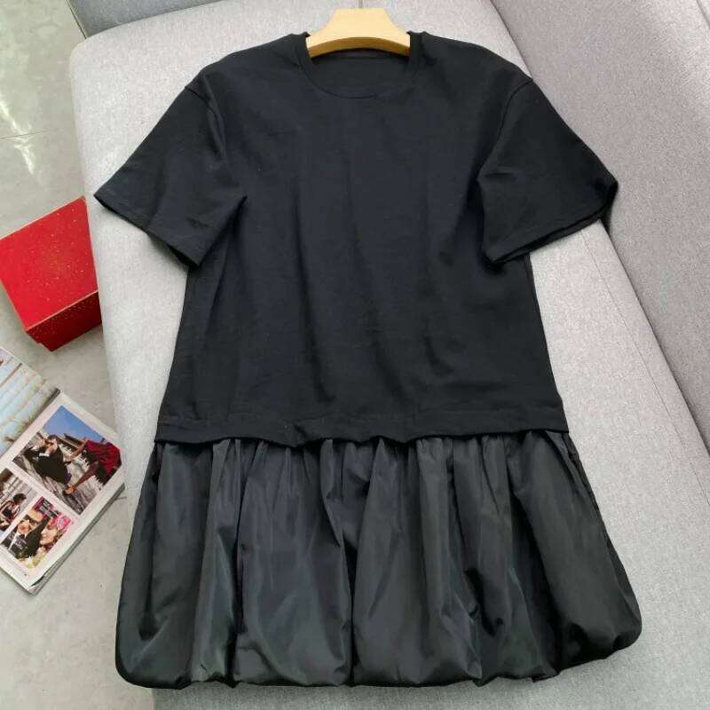 Women's Wear Women 25 Spring And Summer New Knitted Splicing Loose Casual Sleeve Puffy Round Neck Short Dress