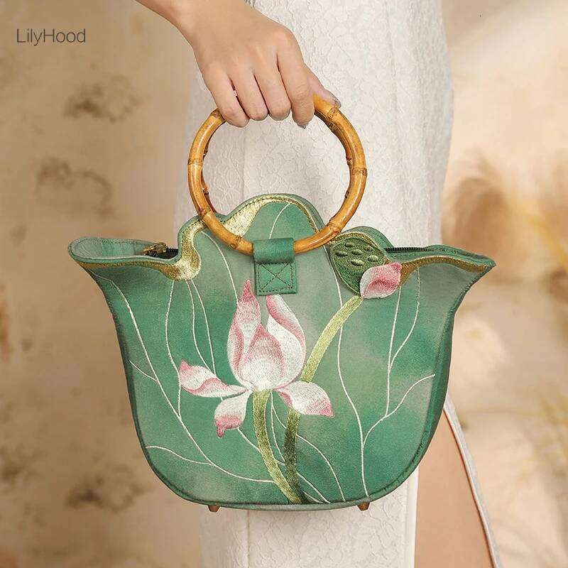 Women Cottagecore Floral Embroidery Stylish Green Shoulder Bag 2025 Female Chinese Vintage Retro Chic Designer Bamboo Handbag