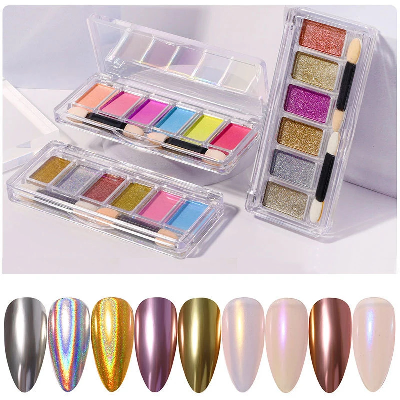 6 Color/Set Solid Magic Mirror Powder For Nails Art Decoration Aurora Acrylic Glitter Mixed Manicure Holographic Chrome Powder 250523