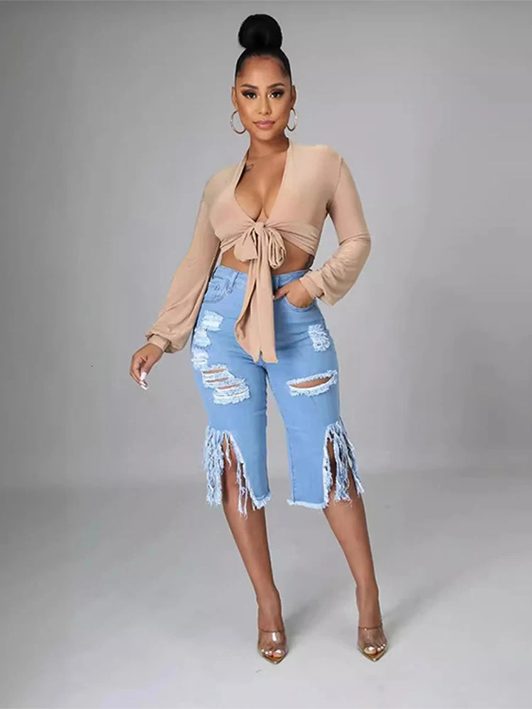 Knee Length Short Jean Chic Washed Tassel Ripped High Waist Holes Denim Pant Spliced Pockets Skinny Distressed Streetwear 250516Z