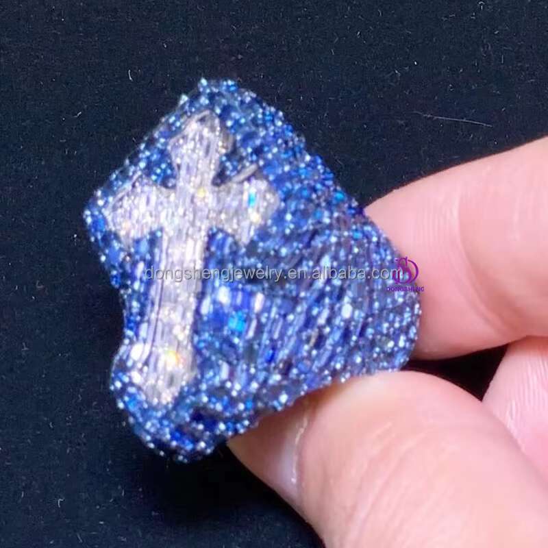 Luxury Custom Jewelry Hip Hop Vvs Moissanite Diamond Ring Bling Iced Out Hip Hop 925 Silver Moissanite Blue Ring for Mens