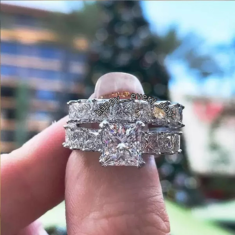 Gorgeous Stunning Wedding Rings Elegant Handmade Luxury Jewelry 925 Sterling Silver Princess Cut White Lab Moissanite Diamond Party Women Couple Brida