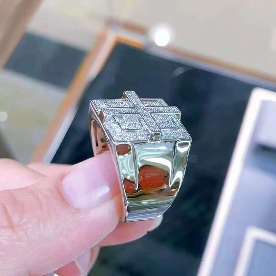 Wholesale Custom Iced Out Hip Hop Cuban Link Ring VVS D-color Moissanite Diamond Ring Gold Plated 925 Sterling Silver for Men