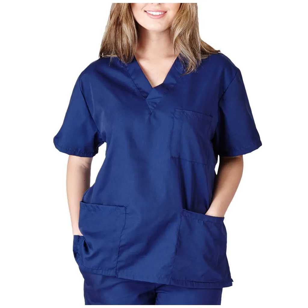 Men Women Nursing Uniform Blouse Short Slve V-neck Blouse Scrub Tops With Pocket Loose Shirt Unisex Work Wear Uniform Blouses X250528