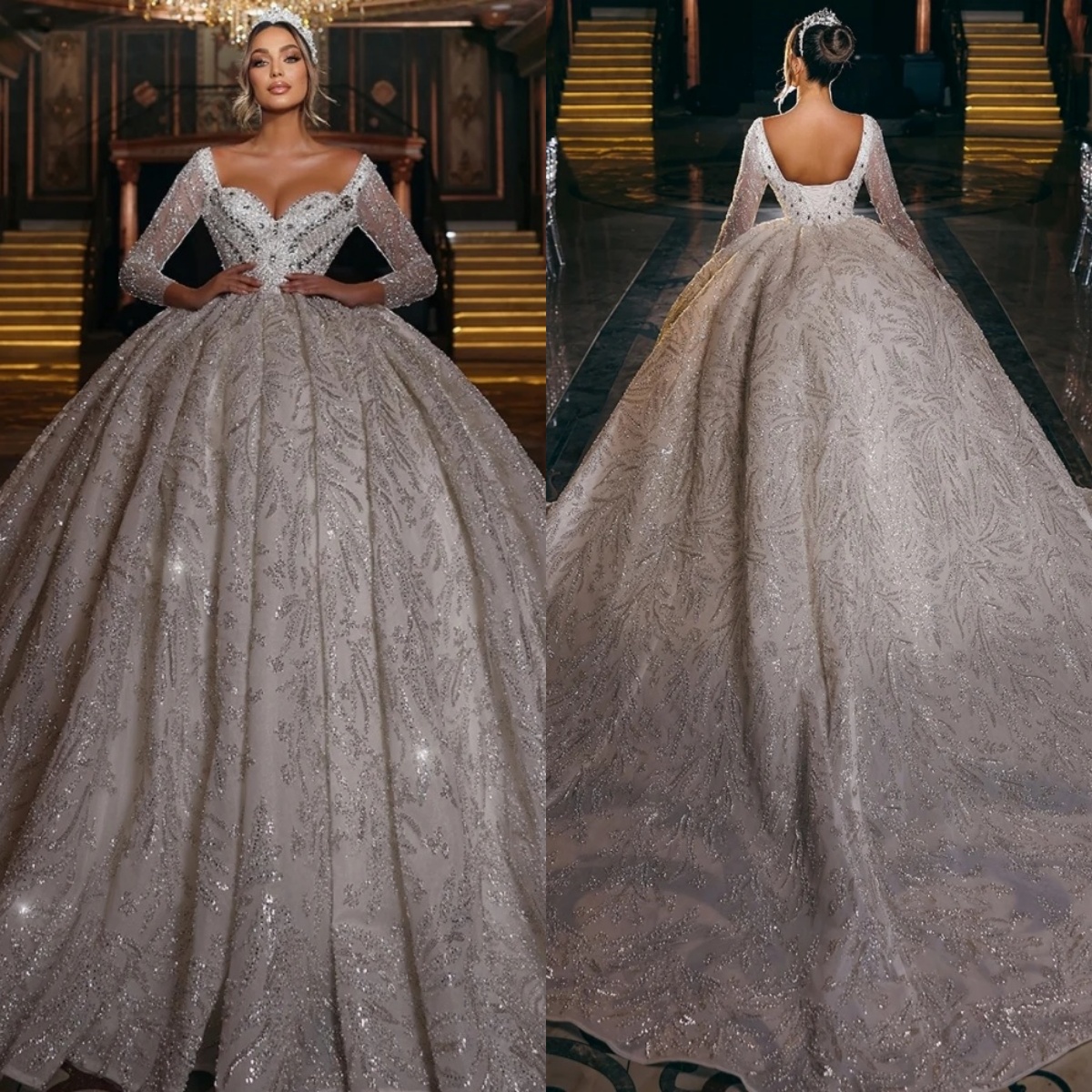 Glamorous Sequins Wedding Dresses Beading Rhinestone Bridal Ball Gowns Pearls Long Sleeve Backless Princess Custom Made Bride Dress Vestido de novia