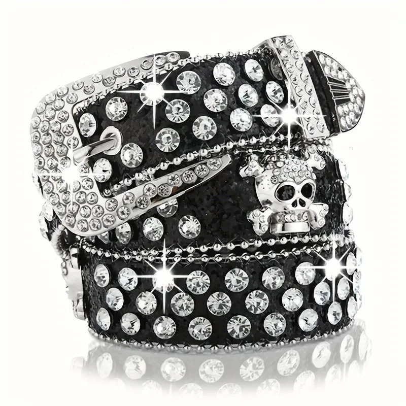 Rhinestone Belt Western Belts Y2k Cowboy Cowgirl Studded Belt Goth Emo Skull Sequin PU Belt for Women Jeans Pants Black and Red 250523