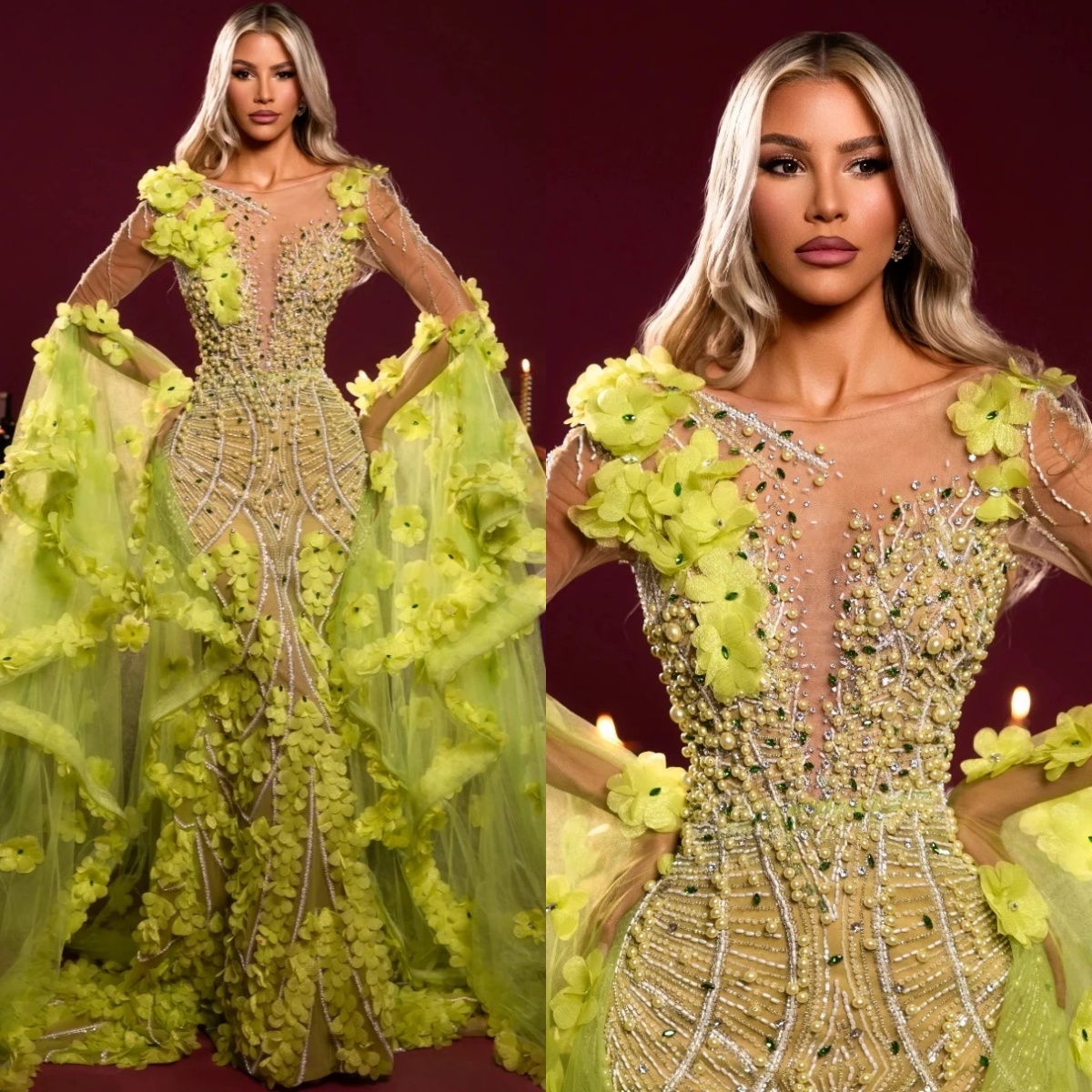 Exquisite Evening Dresses Pearls 3D Flowers Prom Dress O Neck Beading See Through Rhinestone Illusion Mermaid Party Gowns Vestidos De Noche