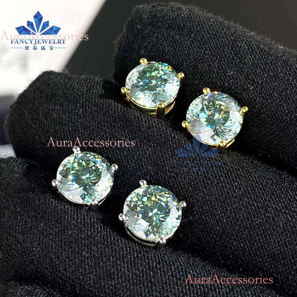 Professional Technology Sterling Sier Stud Earrings 8mm Moissanite with Round Portuguese Cut Blue-Green Fine Jewelry
