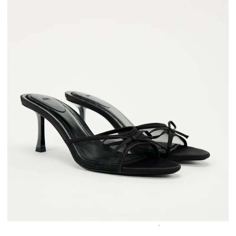 Women Heels Fashion Heel Slippers Lace Mesh Bow Sandals Zapatos De Mujer