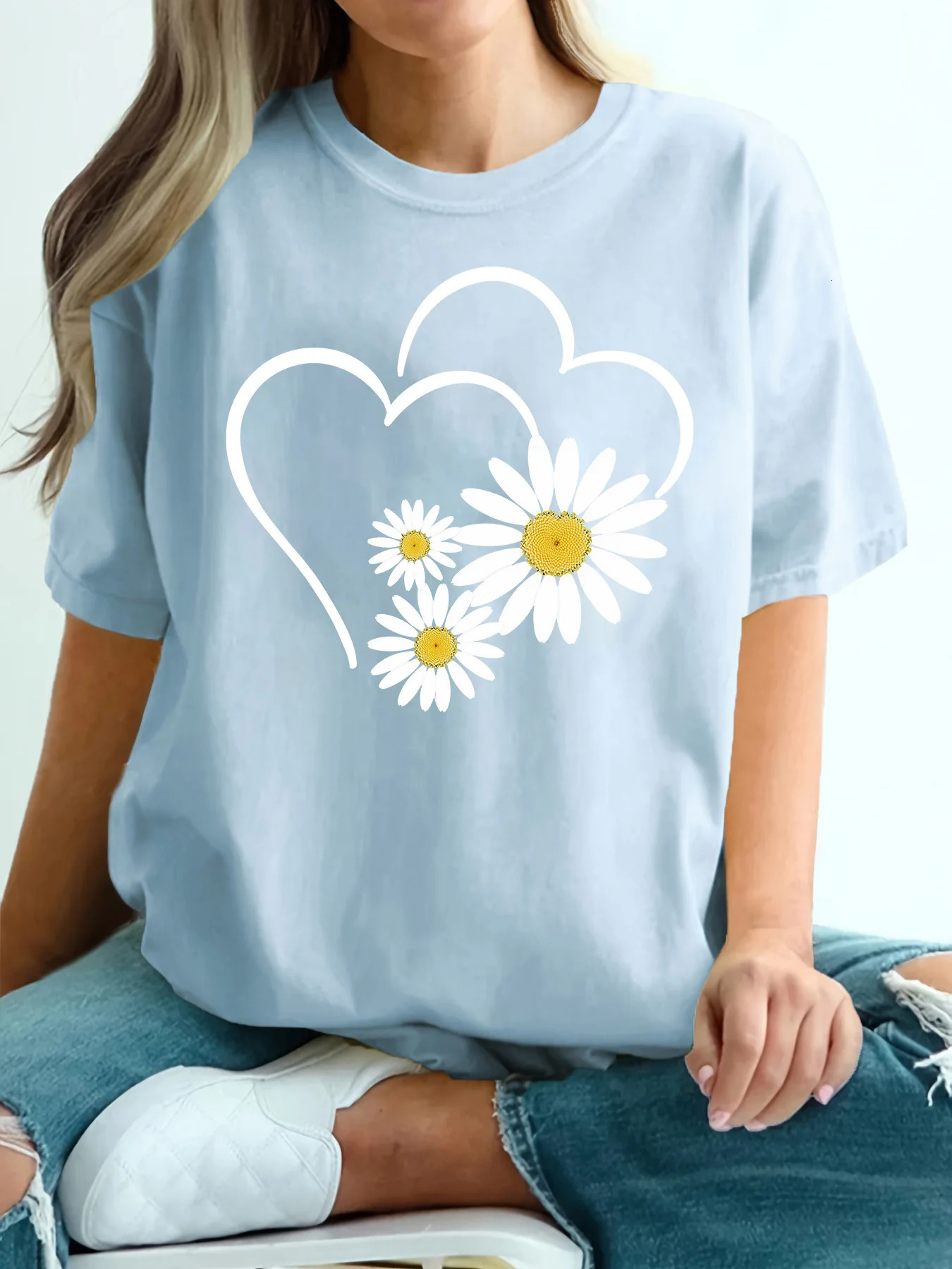 Summer Womens Plus Size TShirt Original n Fashion Heart Flower Pattern Print Casual Round Neck Short Sleeved Tops 250519